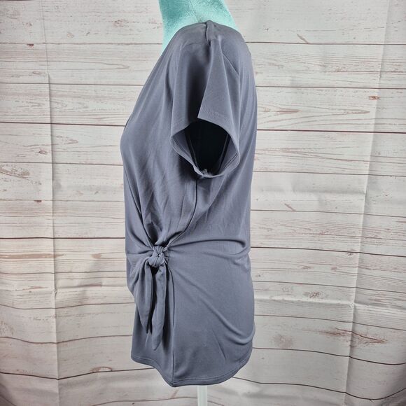 Tahari Faux Wrap Stretch Side Tie Blouse Size Medium Steel Blue Coquette Office - Picture 6 of 14